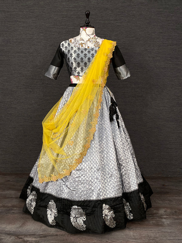 Black Color Weaving Zari Work Jacquard Silk Lehenga Choli With Net Dupatta