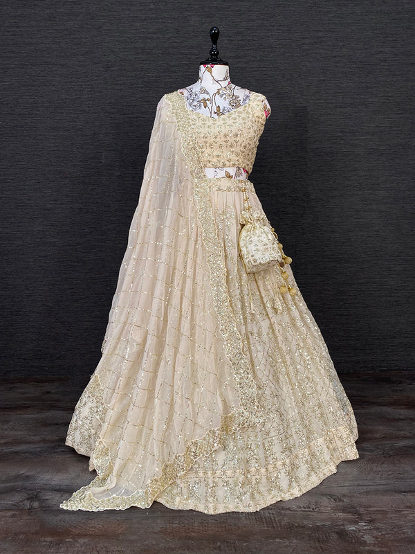 Cream Color Georgette Sequins Embroidery Work Lehenga Choli Set With Batwa