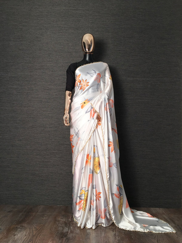 White Color Floral Printed Japan Satin Silk Saree With Pearl Lace Border