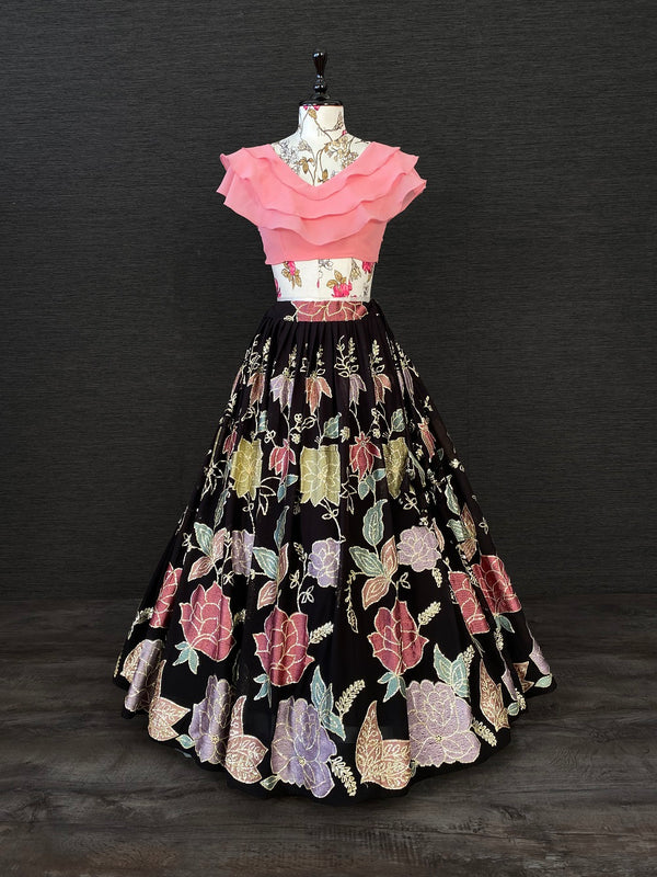 Black & Pink Color Thread And Sequins Embroidery Work Georgette Two Piece Lehenga Set