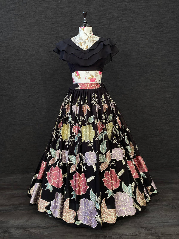 Black Color Thread And Sequins Embroidery Work Georgette Crop-Top