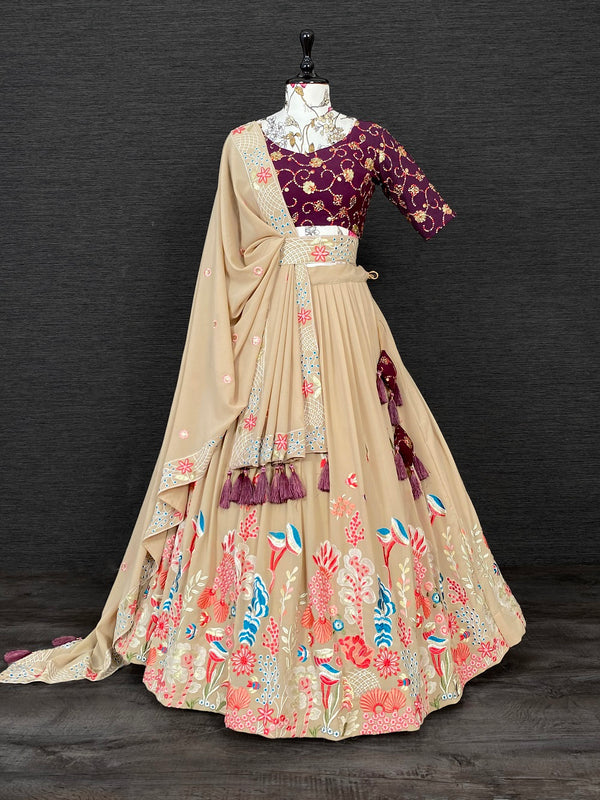 Chiku Color Thread And Sequins Embroidery Work Georgette Lehenga Choli And Dupatta With Belt