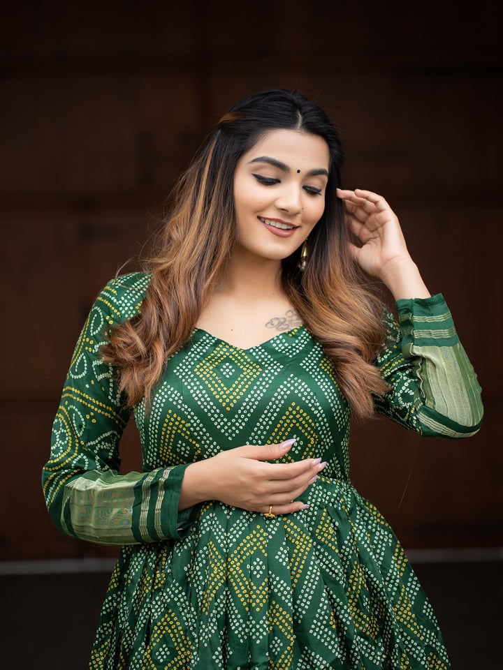 Green Color Digital Bandhej Printed Pure Gaji Silk Dress Looknbook Art Green Color Digital Bandhej Printed Pure Gaji Silk Dress Looknbook Art