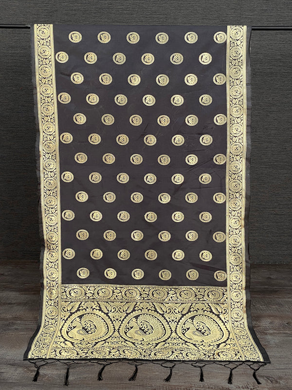 Golden Black Color Weaving Zari Work Jacquard Dupatta With Tassels
