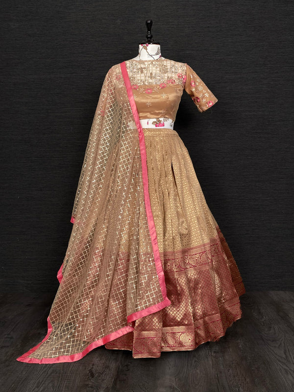 Brown Color Jacquard Half Saree Lehenga Choli With Net Dupatta