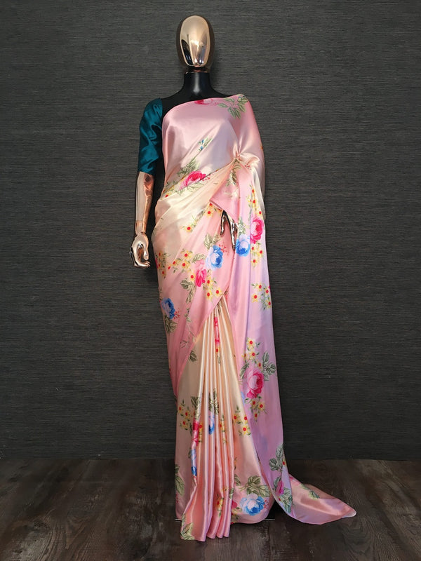 Firozi Pink Color Floral Digital Printed Japan Satin Silk Saree