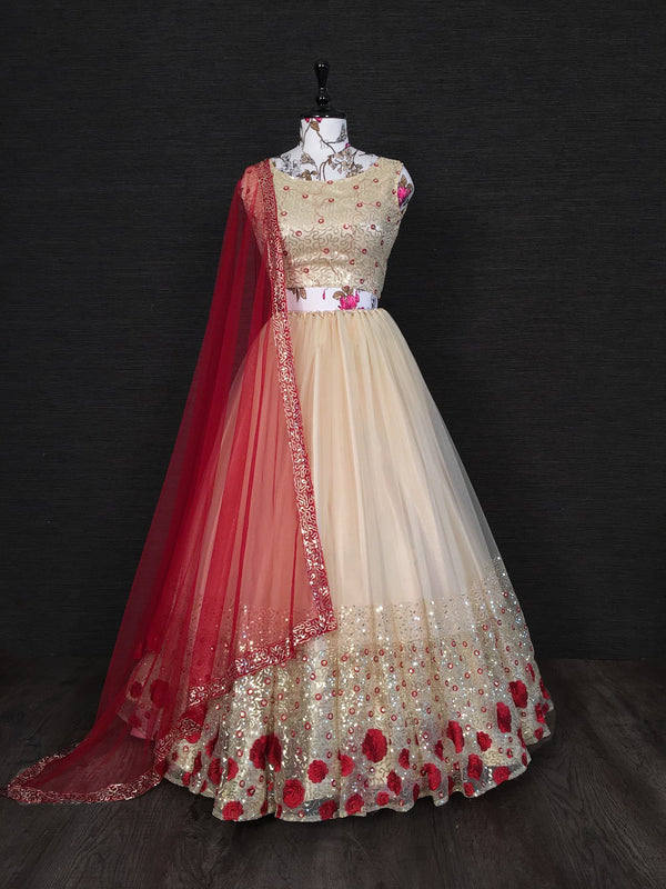 Cream Color Net Embroidery Work Latest Lehenga Choli Design With Net Dupatta