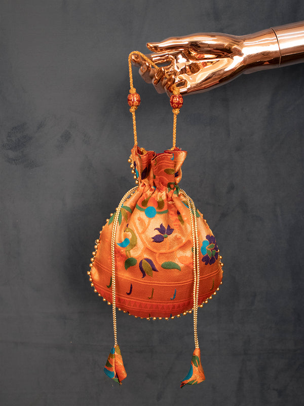 Orange Color Weaving Zari Work Jacquard Paithani Batwa