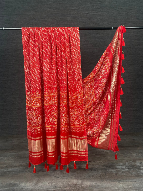 Red Color Digital Bandhani Printed Pure Gaji Silk Dupatta With Tassels