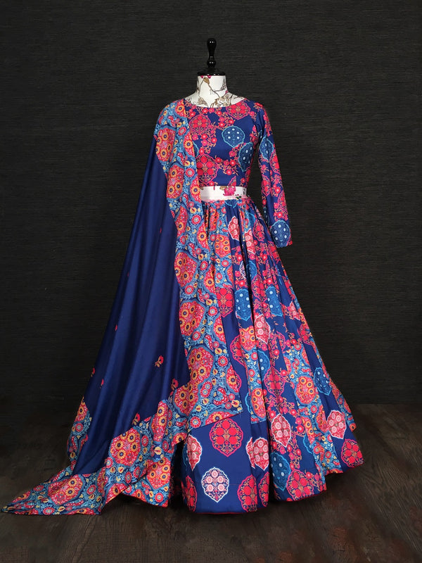 Blue Color Printed Vaishali Silk Heavy Lehenga Choli With Muslin Dupatta
