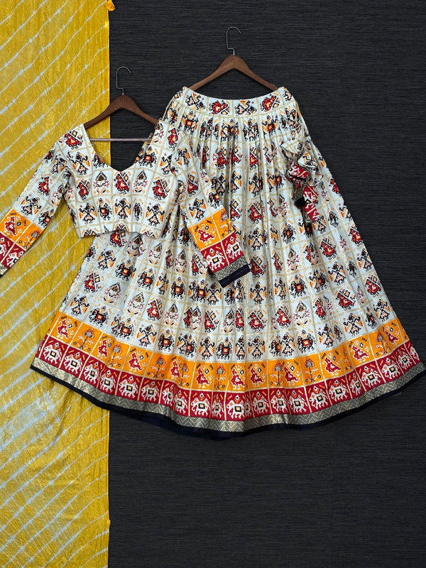 Yellow Color Foil And Printed Pure Cotton Lehenga Choli With Original Leheriya Bandhej Silk Dupatta