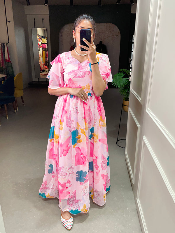 Baby Pink Color Floral Printed Georgette Dress