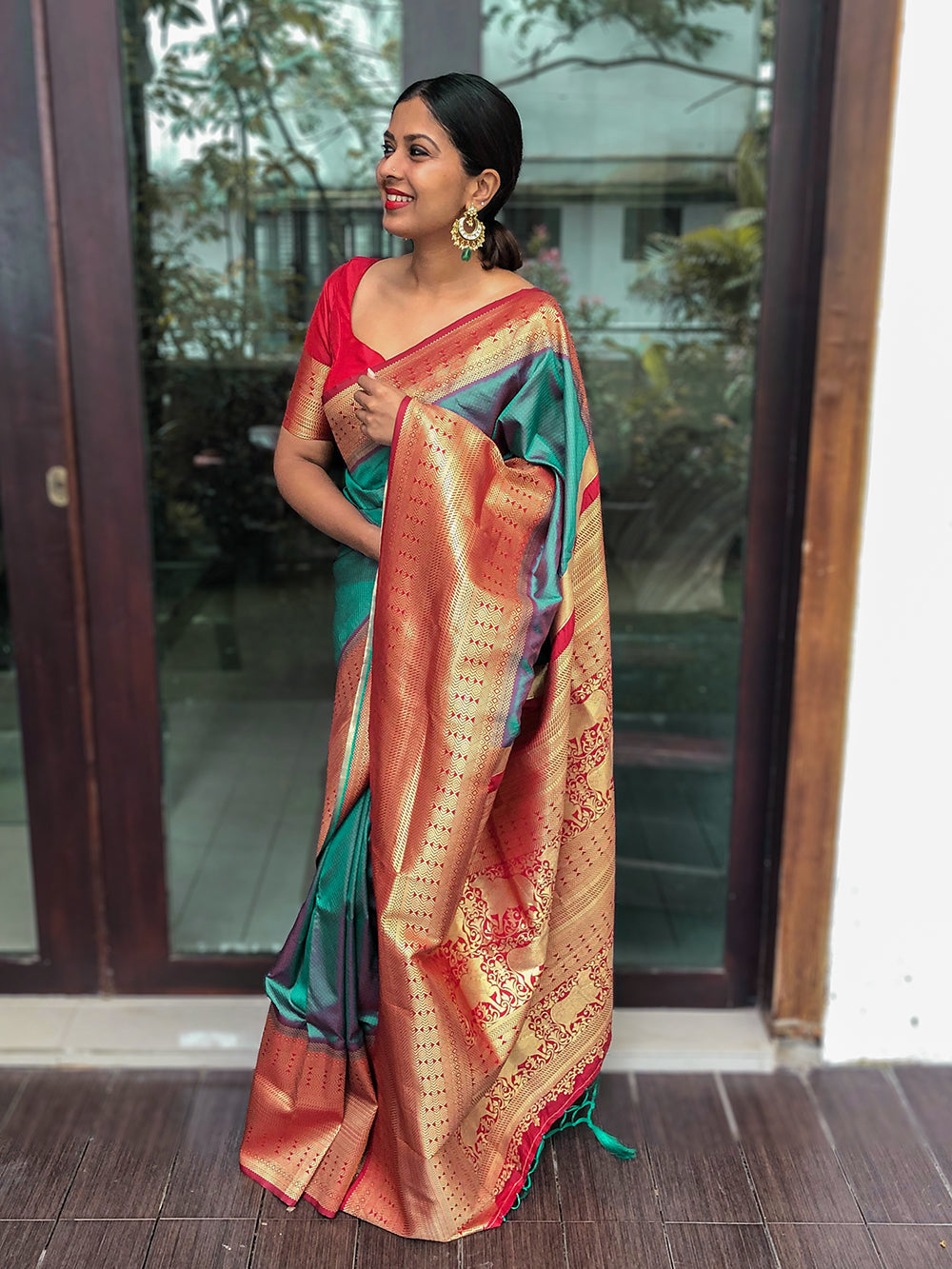 Buy Beige & Teal Green Vichitra Silk Saree Online from lovelyweddingmall.com