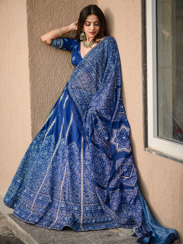 Navy Blue Color Bandhani Printed Vaishali Silk Lehenga With Blouse And Dupatta