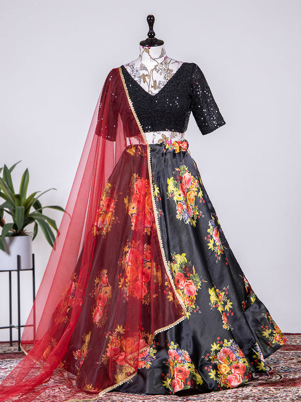 Black Color Printed Digital Satin Silk Lehenga Choli
