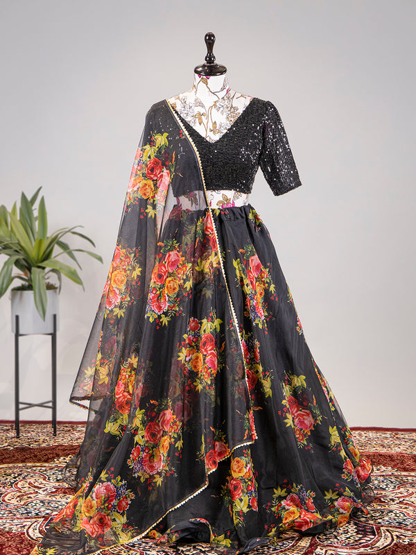 Black Color Floral Printed Organza Lehenga Choli