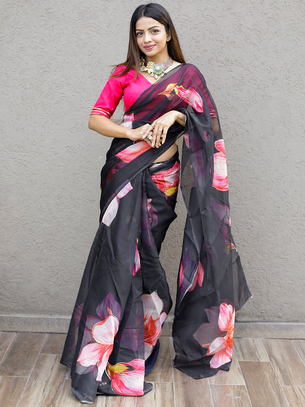 Black Color Floral & Foil Printed Organza Saree
