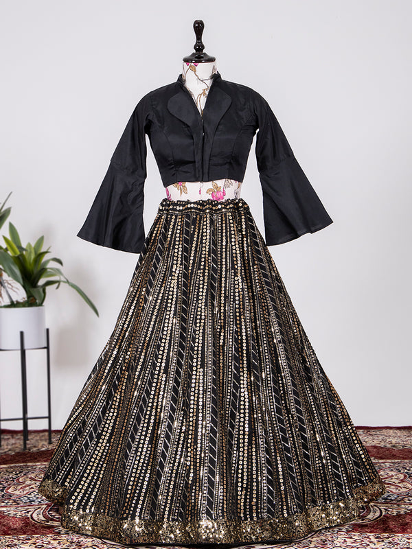 Black Color Sequins And Thread Embroidery Work Georgette Lehenga Choli