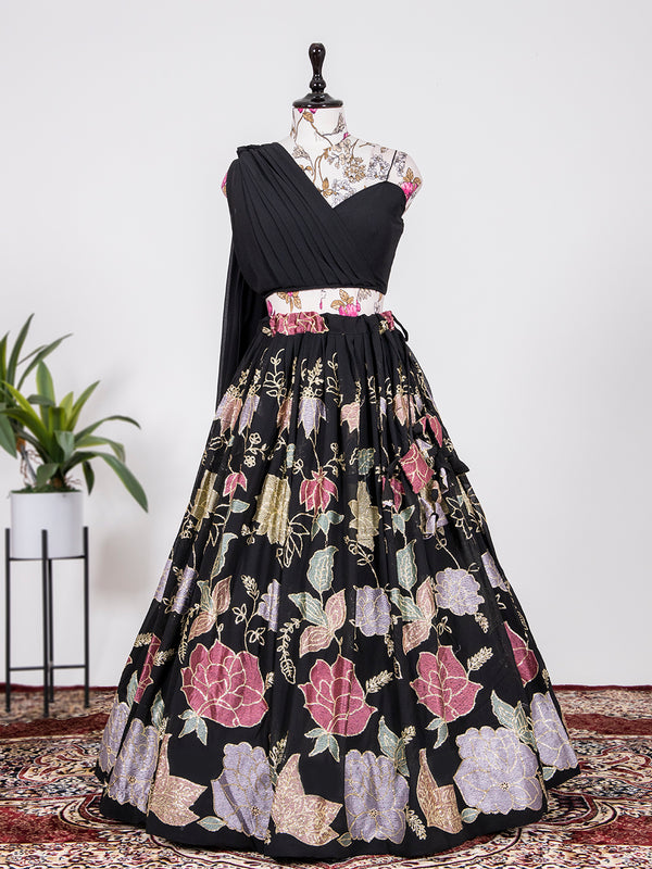 Black Color Thread And Sequins Embroidery Work Georgette Lehenga Choli