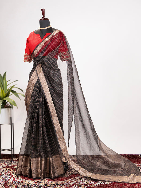 Black Color Weaving Zari Work Organza Saree
