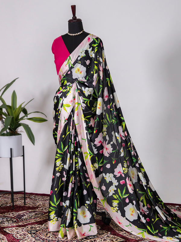 Black Color Printed Digital Satin Silk Saree