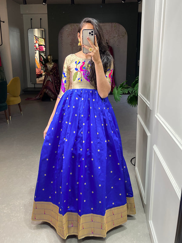 Blue Color Weaving Zari Work Jacquard Silk Paithani Dress