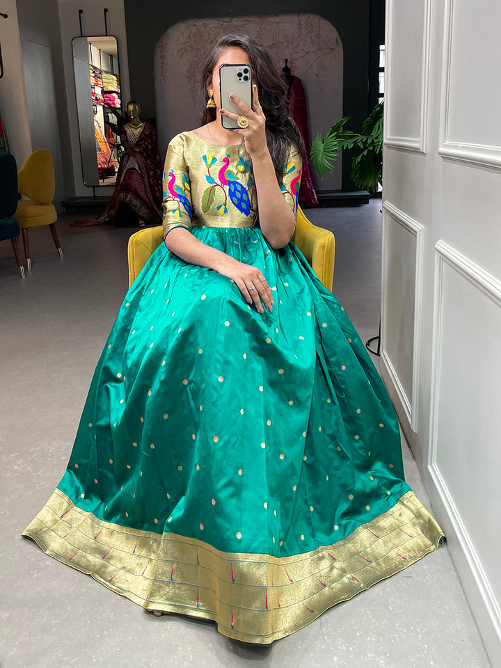 Bottle Green Color Weaving Zari Work Jacquard Silk Paithani Dress Looknbook Art Bottle Green Color Weaving Zari Work Jacquard Silk Paithani Dress Looknbook Art