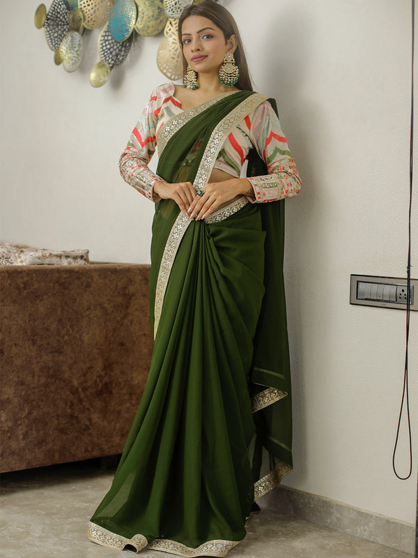Mehendi Color Sequins & Thread Embroidery Lace Border Georgette Saree