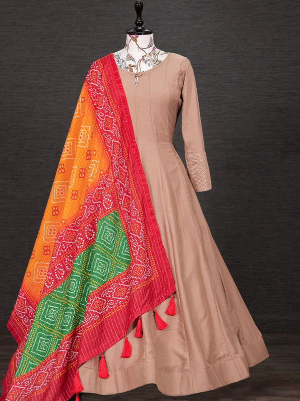 Chiku Color Chinon Anarkali Dress With Chinon Dupatta