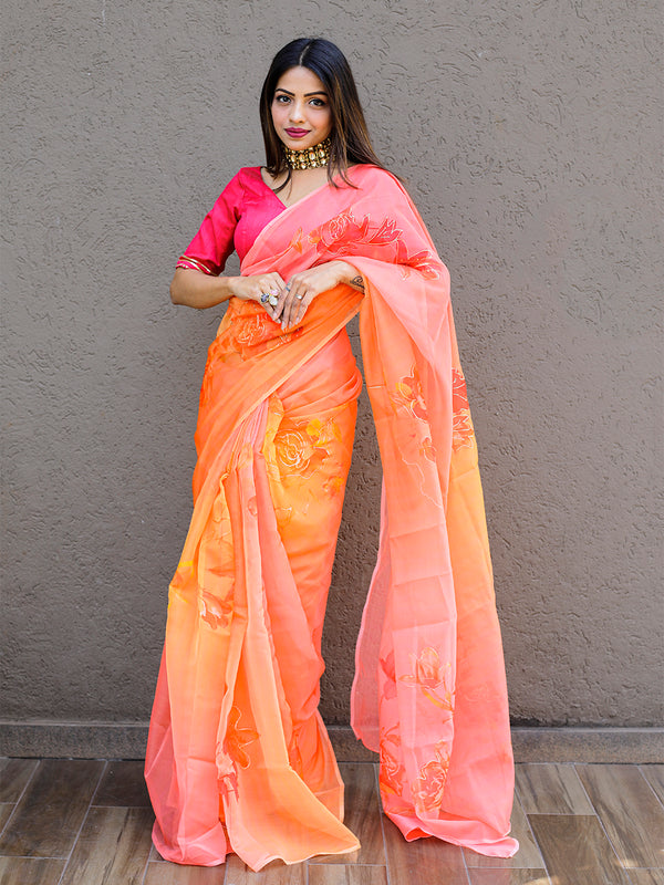 Coral Color Floral & Foil Printed Organza Saree