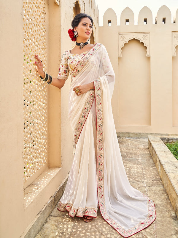 Cream Color Thread And Sequins Embroidery Border Diamond Georgette Saree