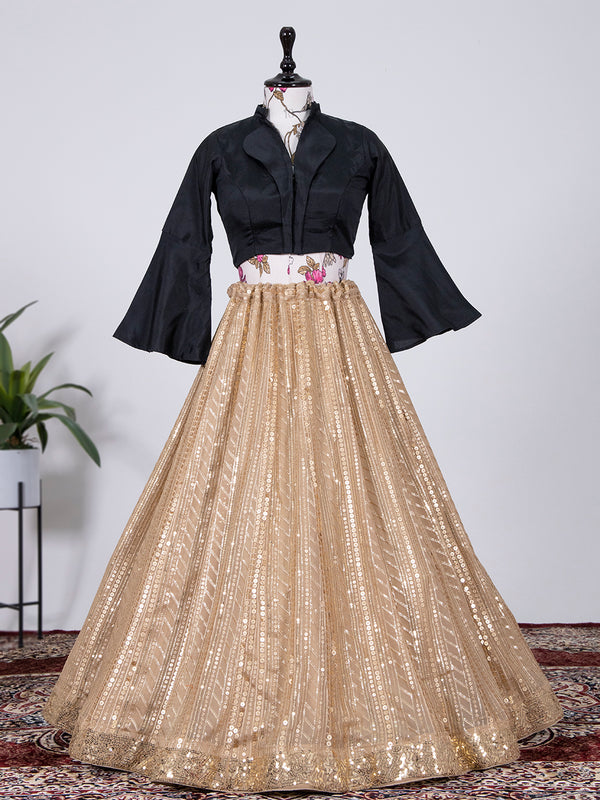 Cream Color Sequins And Thread Embroidery Work Georgette Lehenga Choli