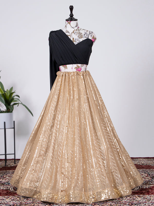 Cream Color Sequins And Thread Embroidery Work Georgette Lehenga Choli
