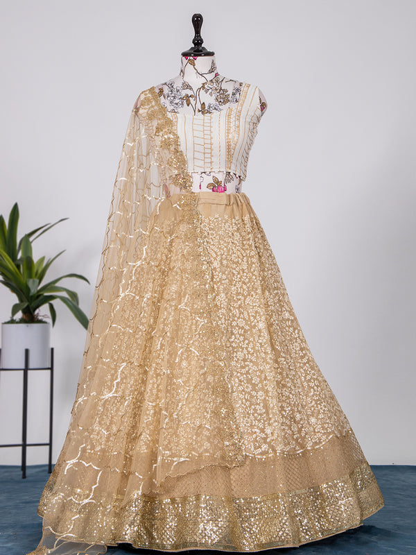 Cream Color Sequins And Thread Embroidery Work Net Lehenga Choli