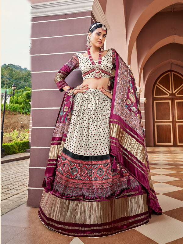 Cream Color Digital Printed Gaji Silk Lehenga Choli