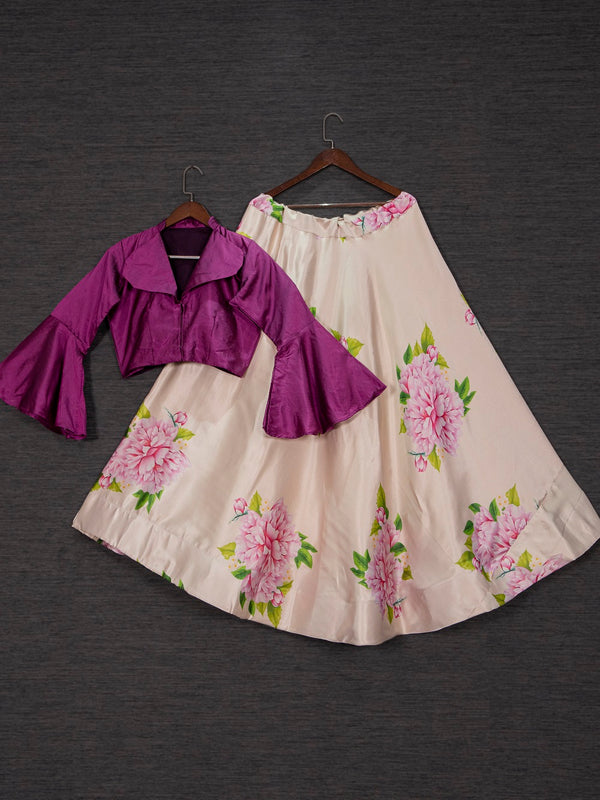 Cream Color Digital Printed Zari Satin Co-ord Set Lehenga