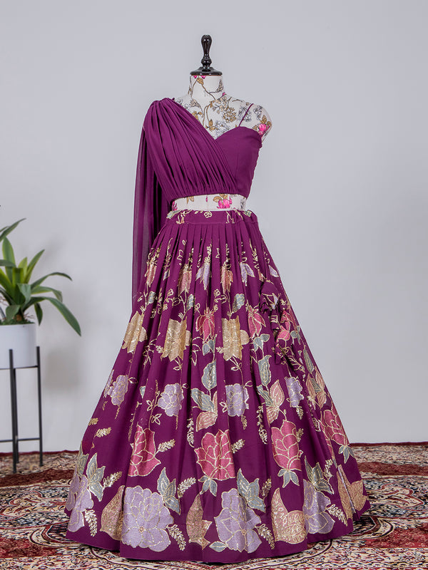Wine Color Thread And Sequins Embroidery Work georgette Lehenga Coli