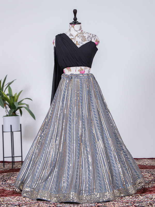 Grey Color Sequins And Thread Embroidery Work Georgette Lehenga Choli