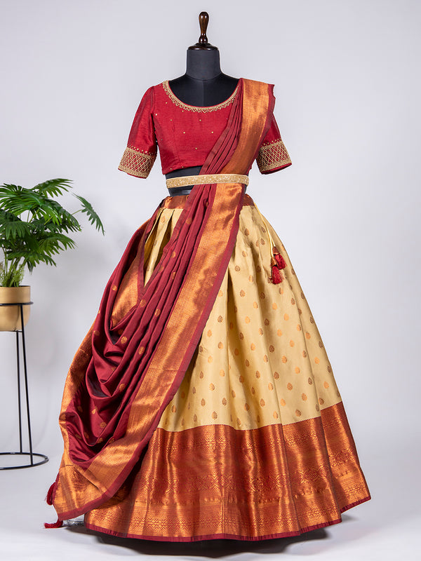 Cream Color Zari Weaving Work Jacquard Lehenga Choli