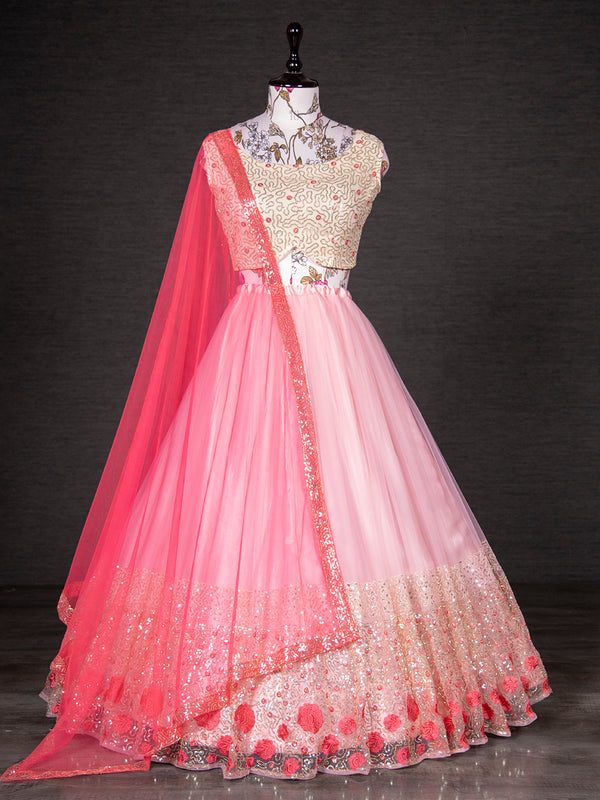 Light Pink Color Sequins Embroidery Work Net Lehenga Choli With Dupatta