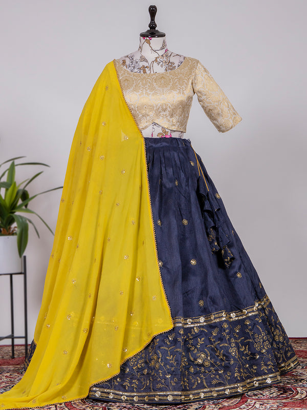 Navy Blue Color Sequins and Thread Embroidery Work Heavy Banglory Lehenga Choli With Dupatta