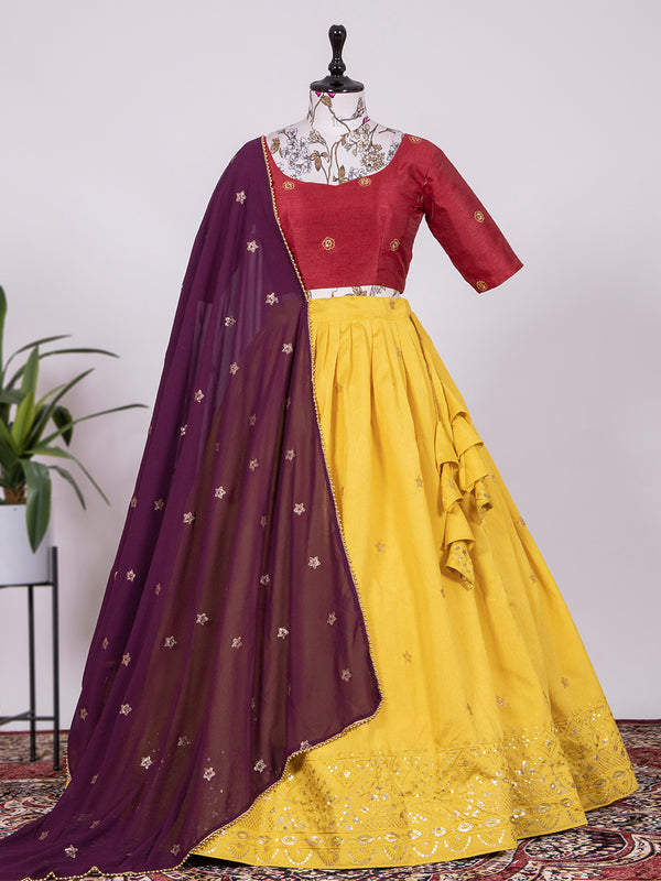 Yellow Color Sequins and Thread Embroidery Work Heavy Banglory Lehenga Choli With Dupatta