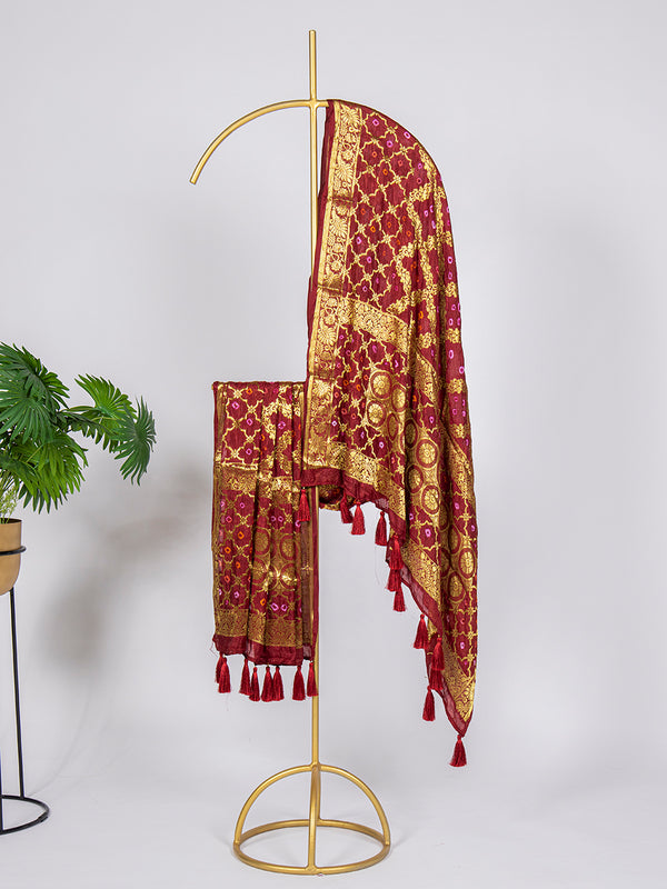 Maroon Color Zari Weaving Work Original Bandhej Silk Dupatta