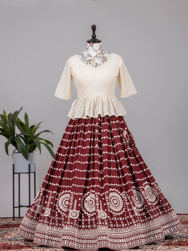 Maroon Color Paper Mirror and Thread Embroidery Work Georgette Lehenga Choli