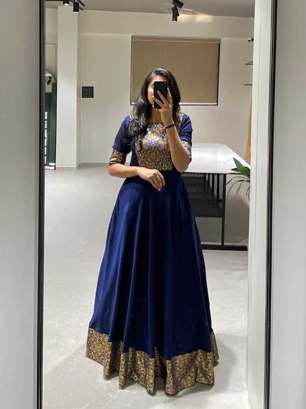 Navy Blue Color Weaving Zari Work rangoli Silk Gown Dress