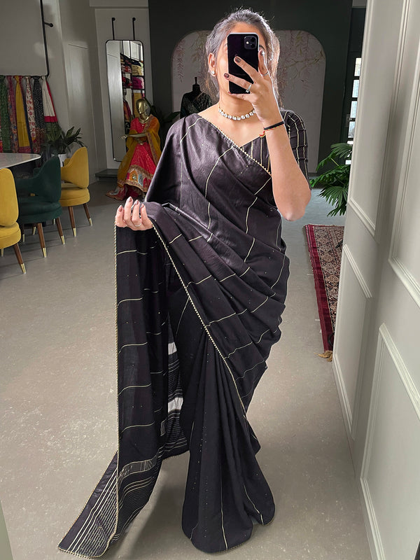 Black Color Sequins And Zari Work Viscose Chanderi Saree