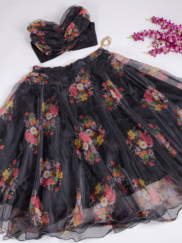 Black Color Floral Printed Organza Lehenga Choli