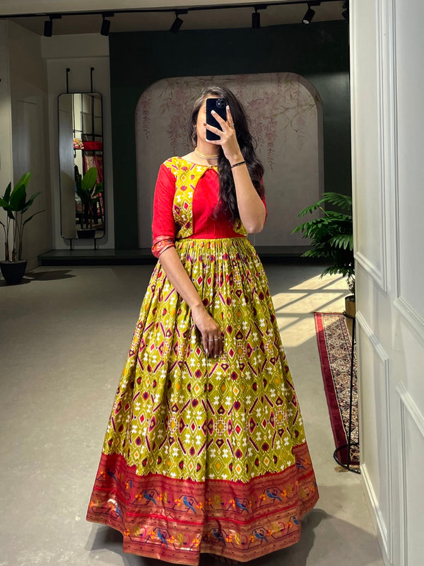 Mehendi Color Patola Paithani Printed And Foil Printed Silk Dress