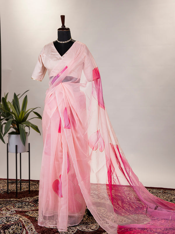 Pink Color Floral & Foil Print Organza Saree