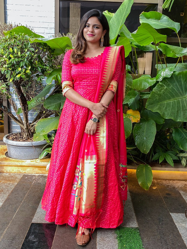 Pink Color Weaving Work Jacquard Silk Dress